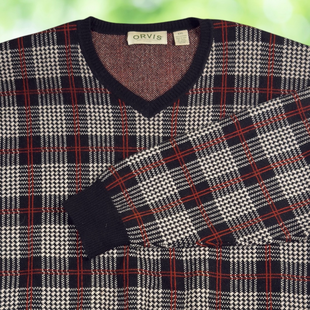 Vintage ORVIS Cashmere Sweater Houndstooth Plaid Vneck Pullover Black Red Sz 2XL